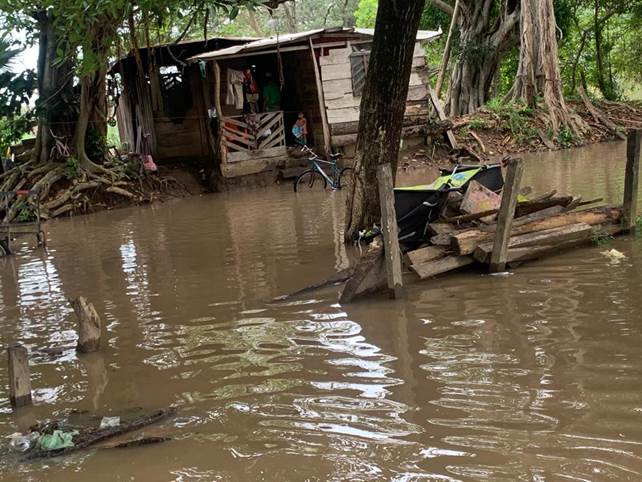 Zona inundada con casa, bicicleta y otros objetos como árboles