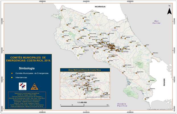 Mapa de Costa Rica con la ubicación de los Comités Municipales de Emergencias 
