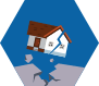 Hexágono azul con el dibujo de una casa dañada por un terremoto. También se aprecia el daño en el suelo.