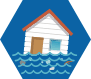 Hexágono azul con el dibujo de una casa inundada.