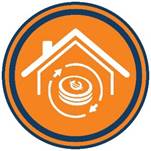 Circulo anaranjado con un dibujo de una casa, en donde deberían ir la puerta u ventana hay un dibujo de unas monedas con el símbolo de colones.